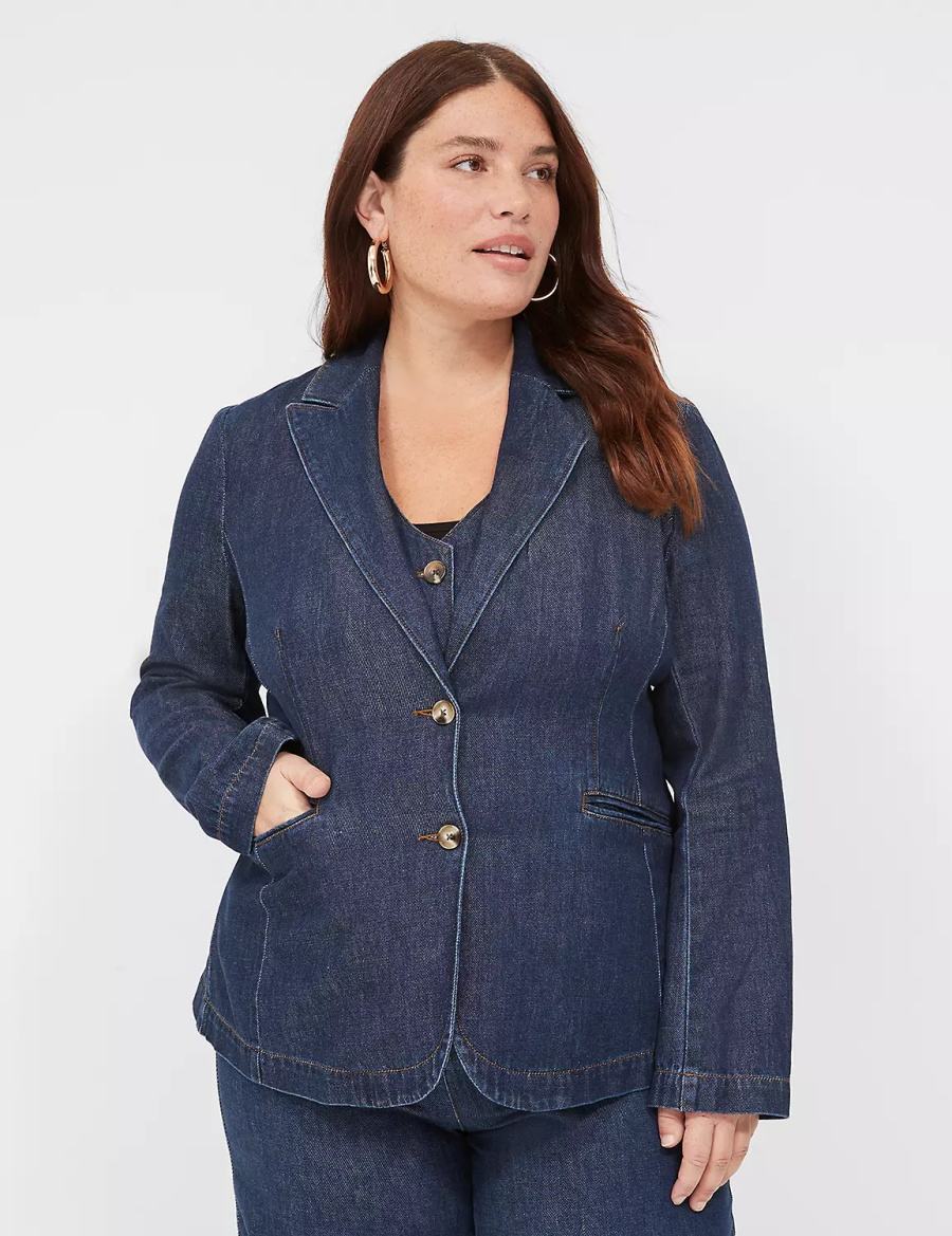 Lane Bryant Fitted Denim Women Blazers Dark Blue | YQL807JI