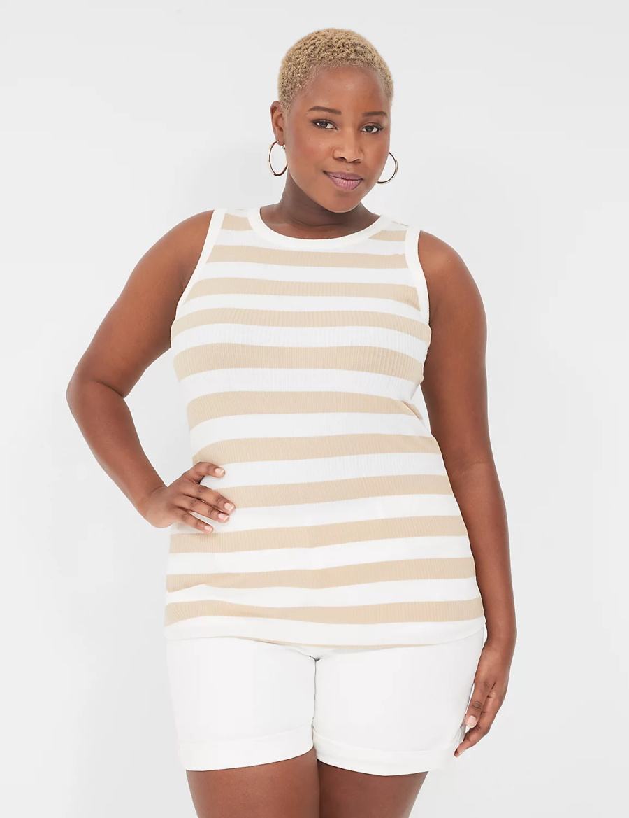 Lane Bryant Fitted High-Neck Ribbed Women Tank Top Brown White | UWT4564GR