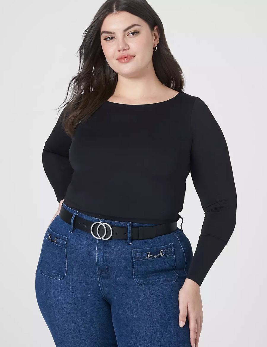 Lane Bryant Fitted Long-Sleeve Crop Tee Women T Shirts Black | UAQ8250GW