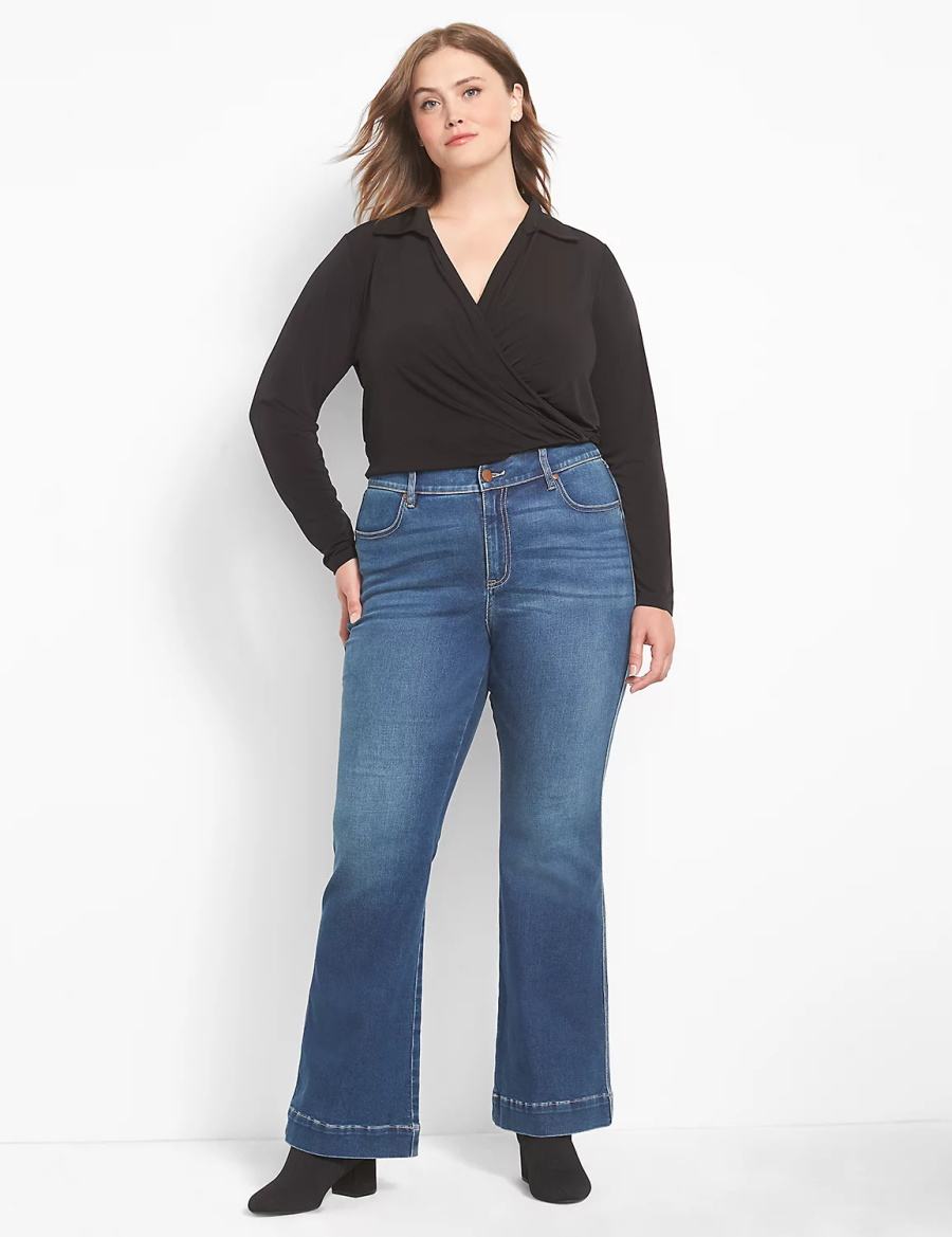 Lane Bryant Fitted Long-Sleeve Surplice Collar Crop Women Shirts Black | MZP3293SD