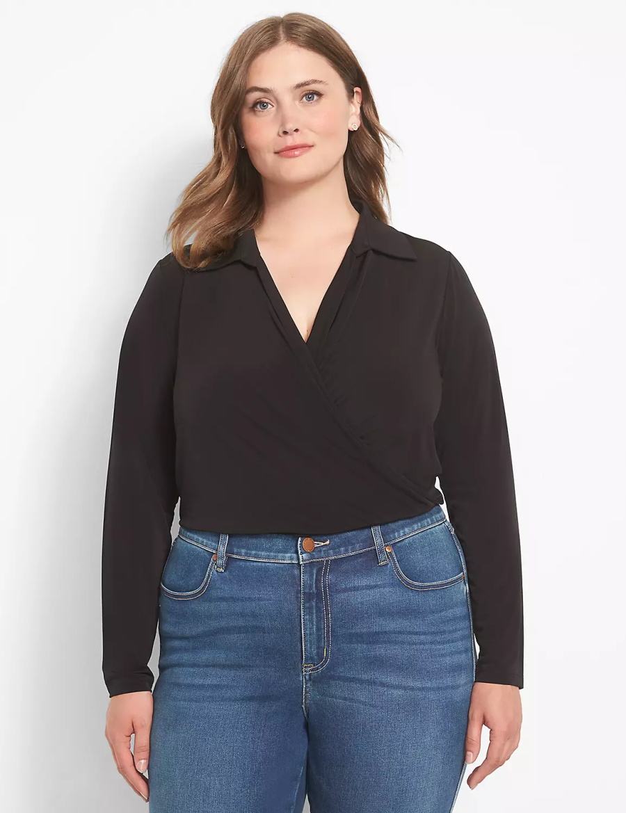 Lane Bryant Fitted Long-Sleeve Surplice Collar Crop Women Shirts Black | MZP3293SD