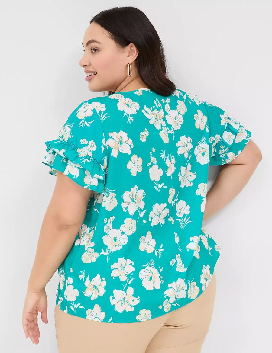 Lane Bryant Flutter-Sleeve Crew-Neck Top Women T Shirts Turquoise | ZMX1354NS