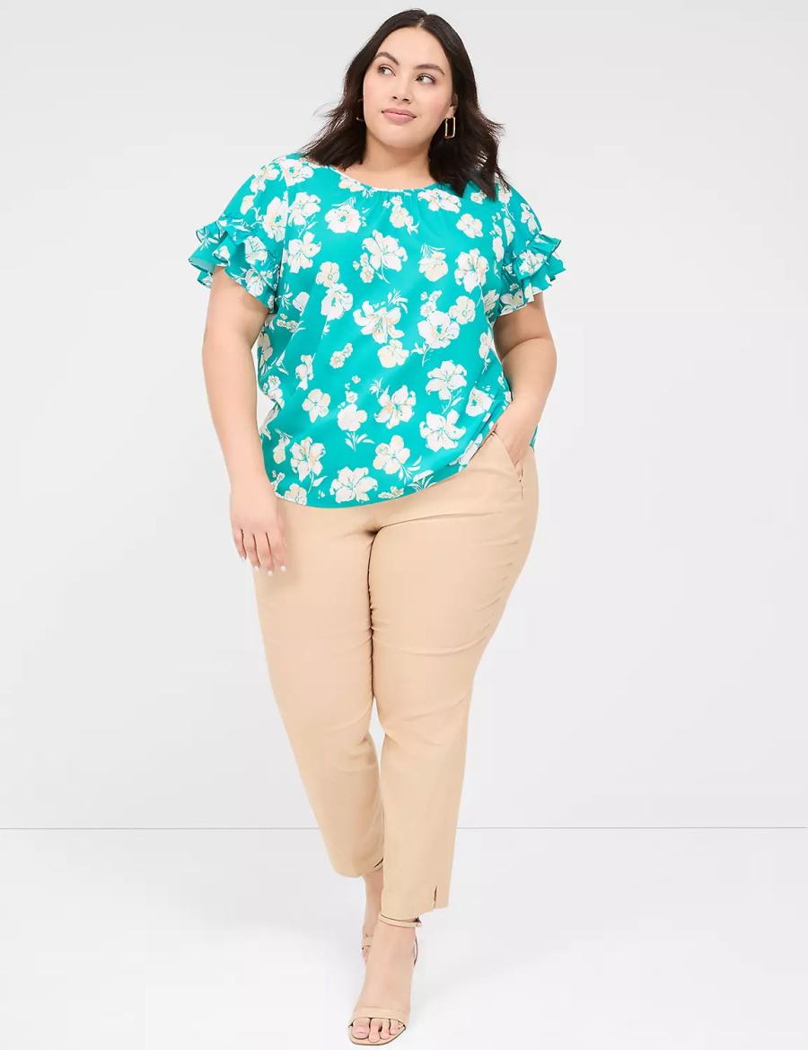 Lane Bryant Flutter-Sleeve Crew-Neck Top Women T Shirts Turquoise | ZMX1354NS