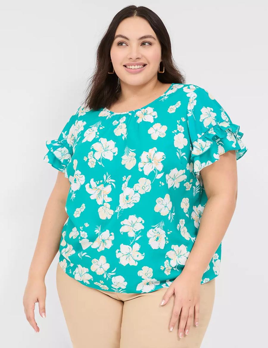 Lane Bryant Flutter-Sleeve Crew-Neck Top Women T Shirts Turquoise | ZMX1354NS