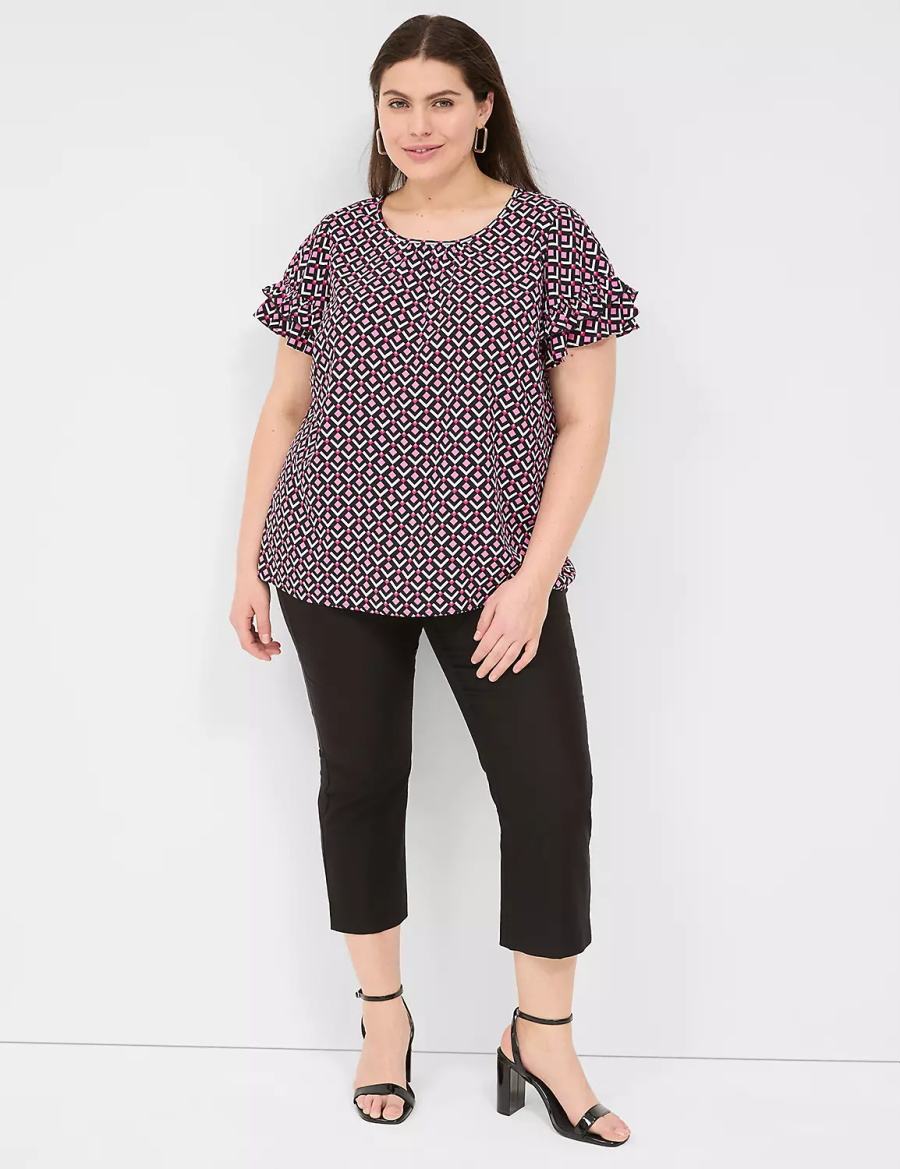 Lane Bryant Flutter-Sleeve Crew-Neck Top Women T Shirts Pink Navy | FMM9633RL