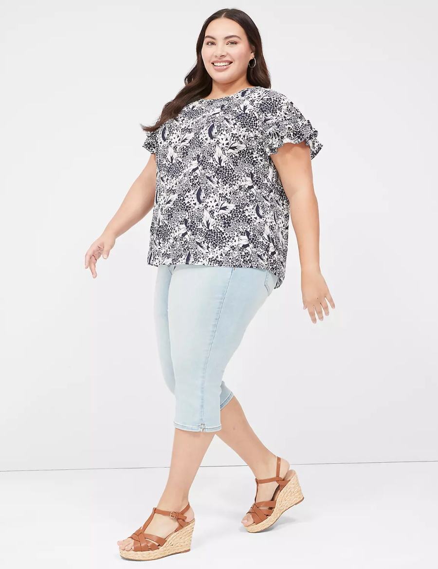 Lane Bryant Flutter-Sleeve Crew-Neck Top Women T Shirts Navy Cream | YSE8233DE