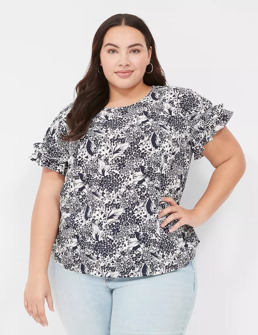 Lane Bryant Flutter-Sleeve Crew-Neck Top Women T Shirts Navy Cream | YSE8233DE