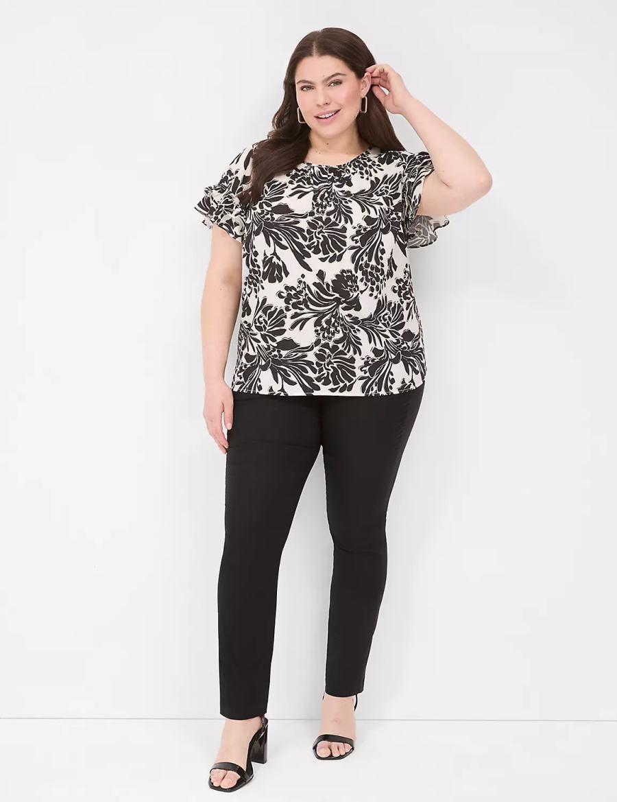 Lane Bryant Flutter-Sleeve Crew-Neck Top Women T Shirts Black | MRS4920FJ