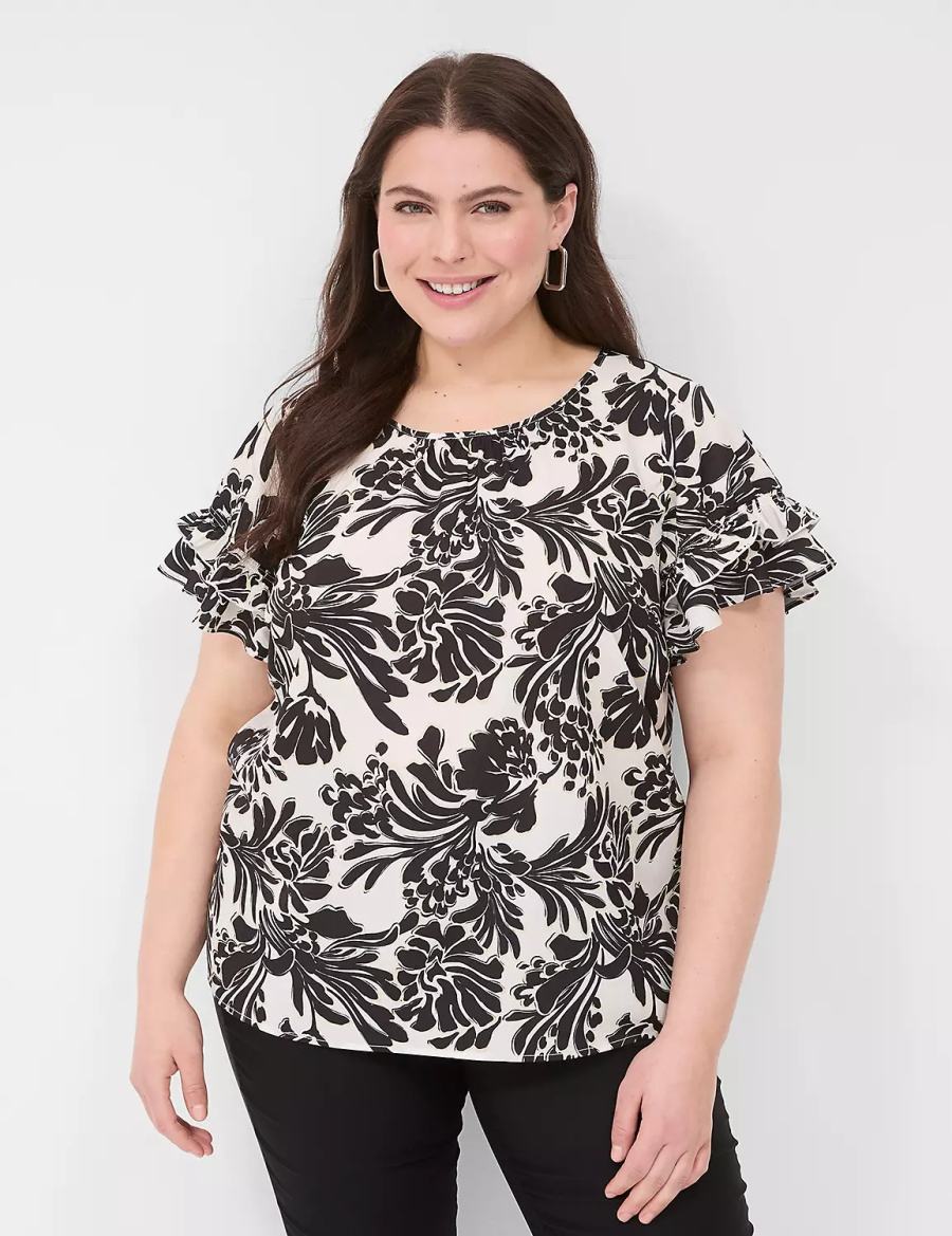 Lane Bryant Flutter-Sleeve Crew-Neck Top Women T Shirts Black | MRS4920FJ