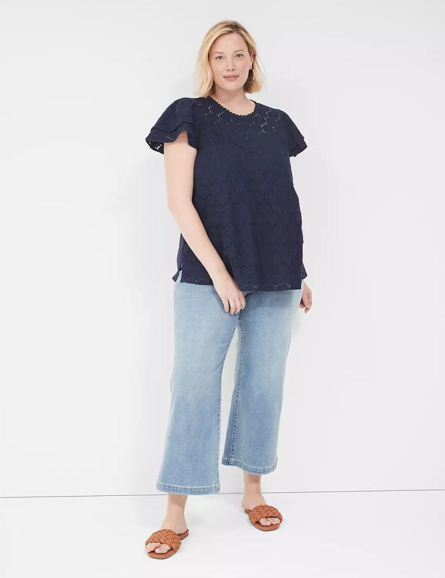 Lane Bryant Flutter-Sleeve Crew-Neck Women Blouse Blue | OQB2446PP