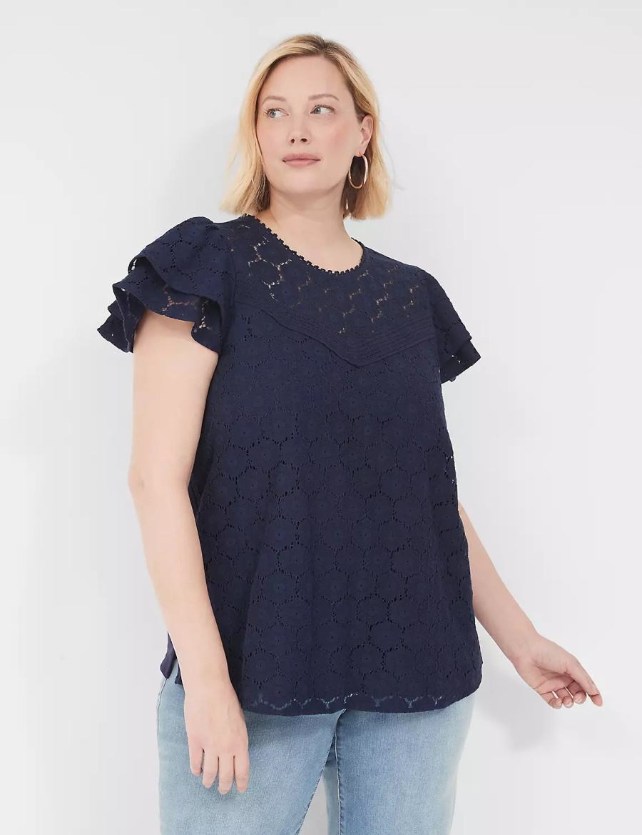 Lane Bryant Flutter-Sleeve Crew-Neck Women Blouse Blue | OQB2446PP