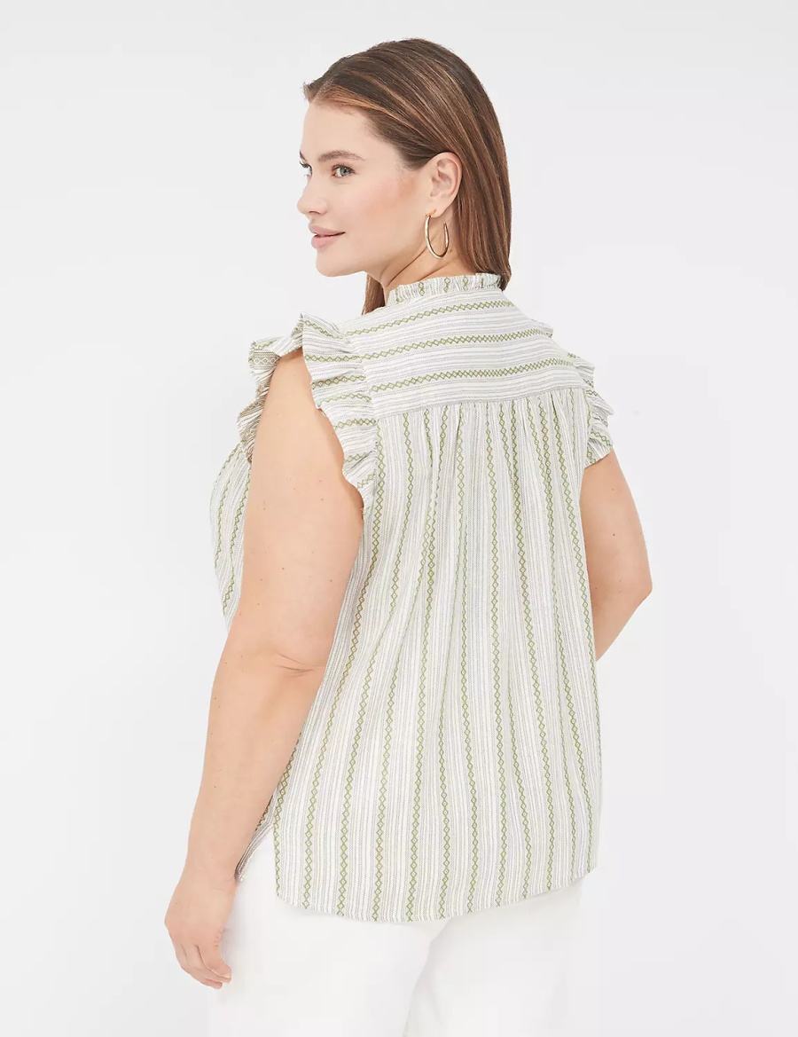 Lane Bryant Flutter-Sleeve Ruffle-Neck Women Blouse Green Stripes | RHQ7038SC