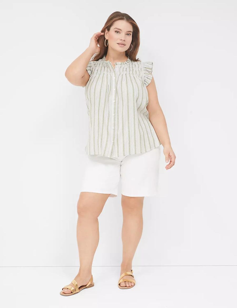 Lane Bryant Flutter-Sleeve Ruffle-Neck Women Blouse Green Stripes | RHQ7038SC