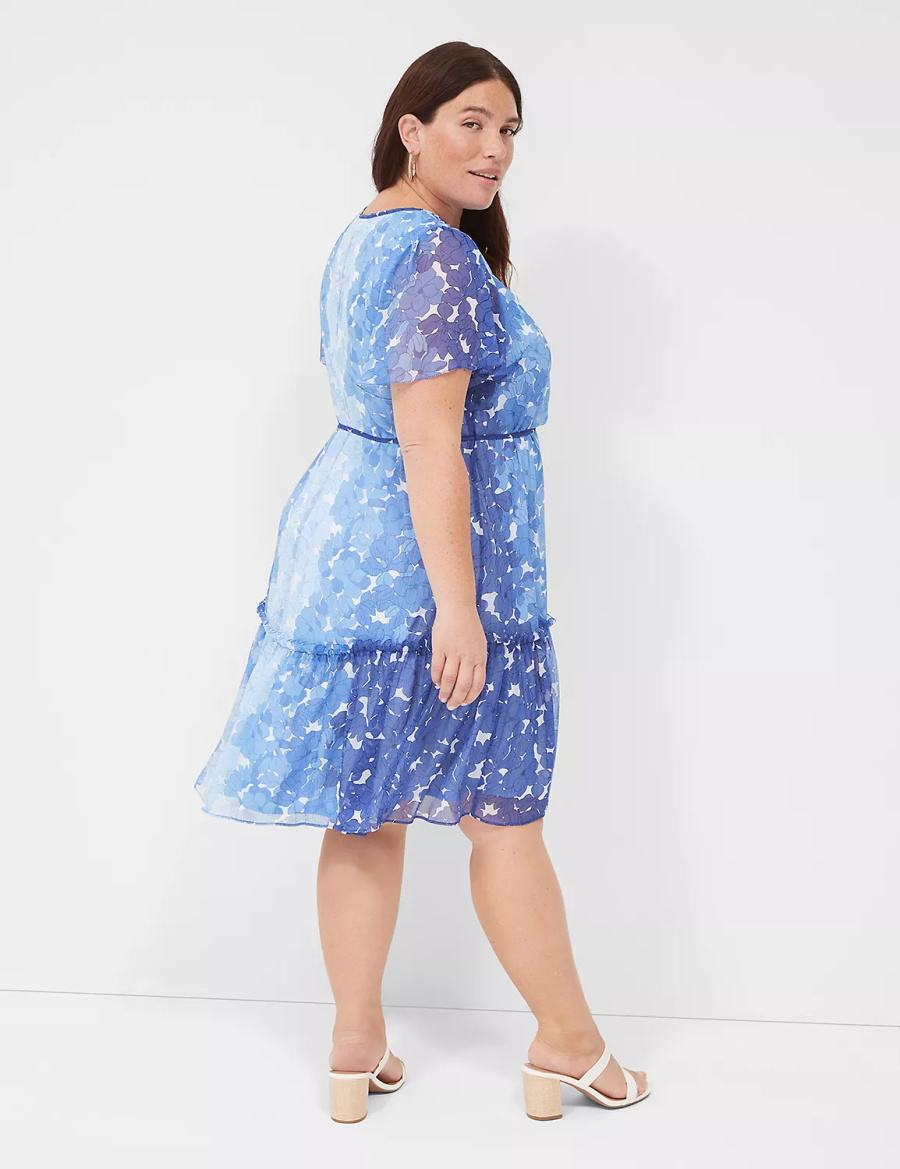 Lane Bryant Flutter-Sleeve Ruffle-Tier Women Casual Dress Blue | USA860RB