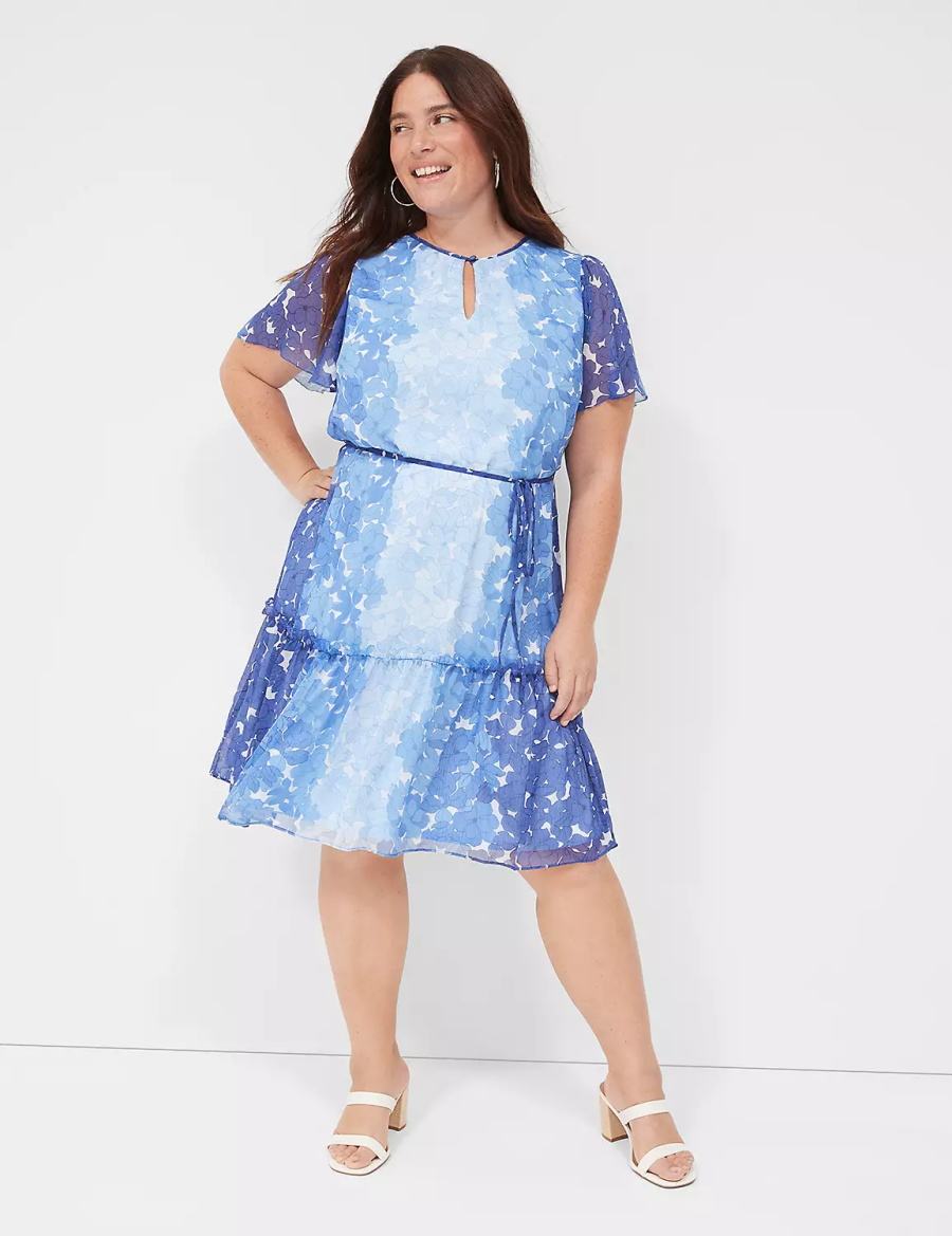 Lane Bryant Flutter-Sleeve Ruffle-Tier Women Casual Dress Blue | USA860RB