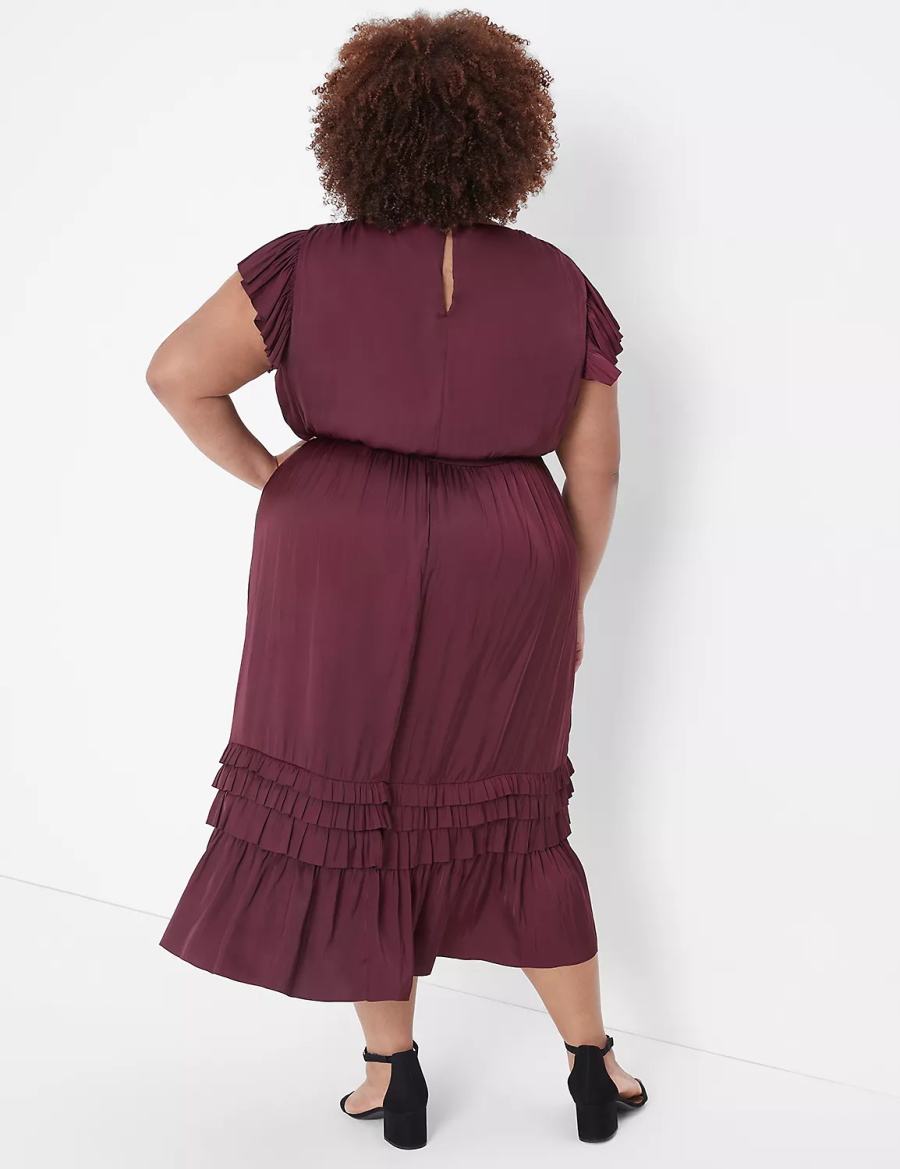 Lane Bryant Flutter-Sleeve Shirred Women Midi Dress Burgundy | AZS9913PH