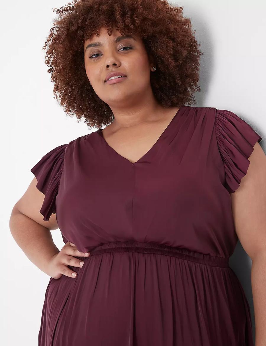 Lane Bryant Flutter-Sleeve Shirred Women Midi Dress Burgundy | AZS9913PH