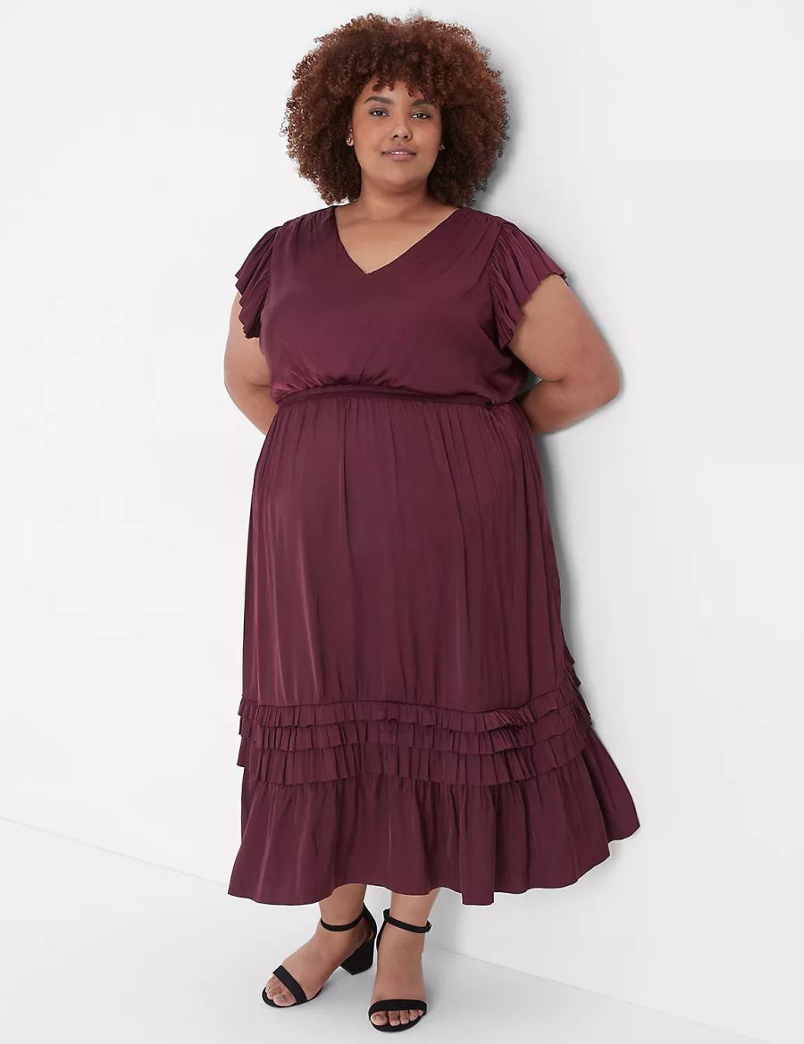 Lane Bryant Flutter-Sleeve Shirred Women Midi Dress Burgundy | AZS9913PH