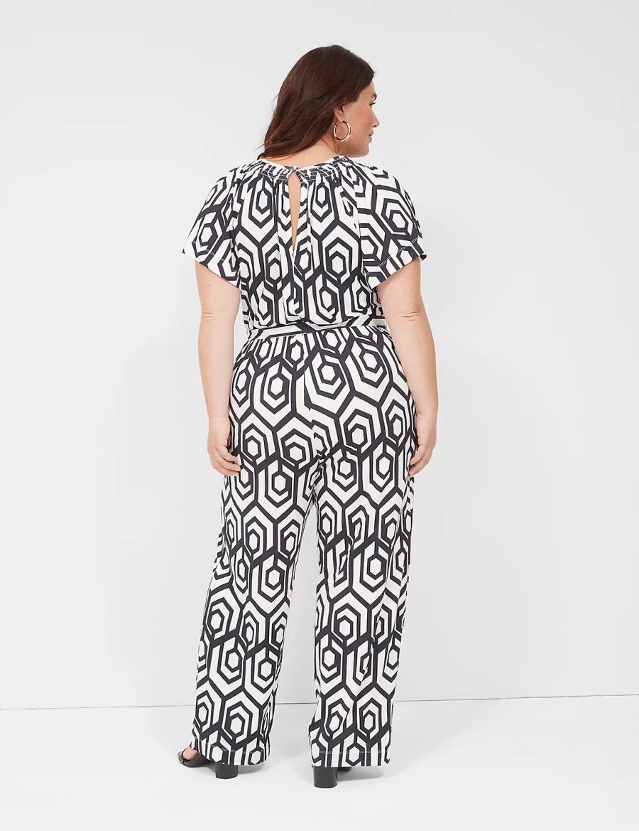 Lane Bryant Flutter-Sleeve Smocked-Neck Wide Leg Women Jumpsuit Navy | ESO2100BV