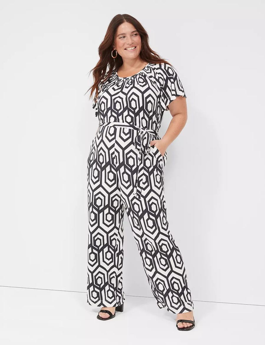 Lane Bryant Flutter-Sleeve Smocked-Neck Wide Leg Women Jumpsuit Navy | ESO2100BV