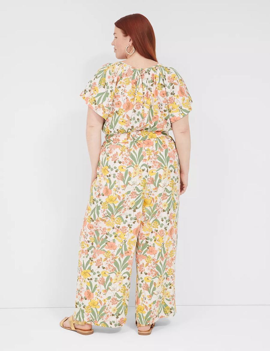 Lane Bryant Flutter-Sleeve Smocked-Neck Wide Leg Women Jumpsuit Yellow Multicolor | SMP7045QH