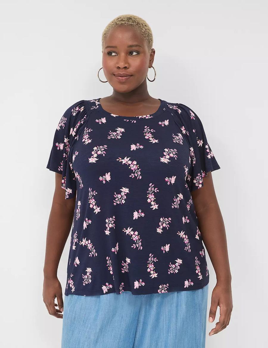 Lane Bryant Flutter-Sleeve Smocked Top Women T Shirts Pink Navy | FEC1138XO