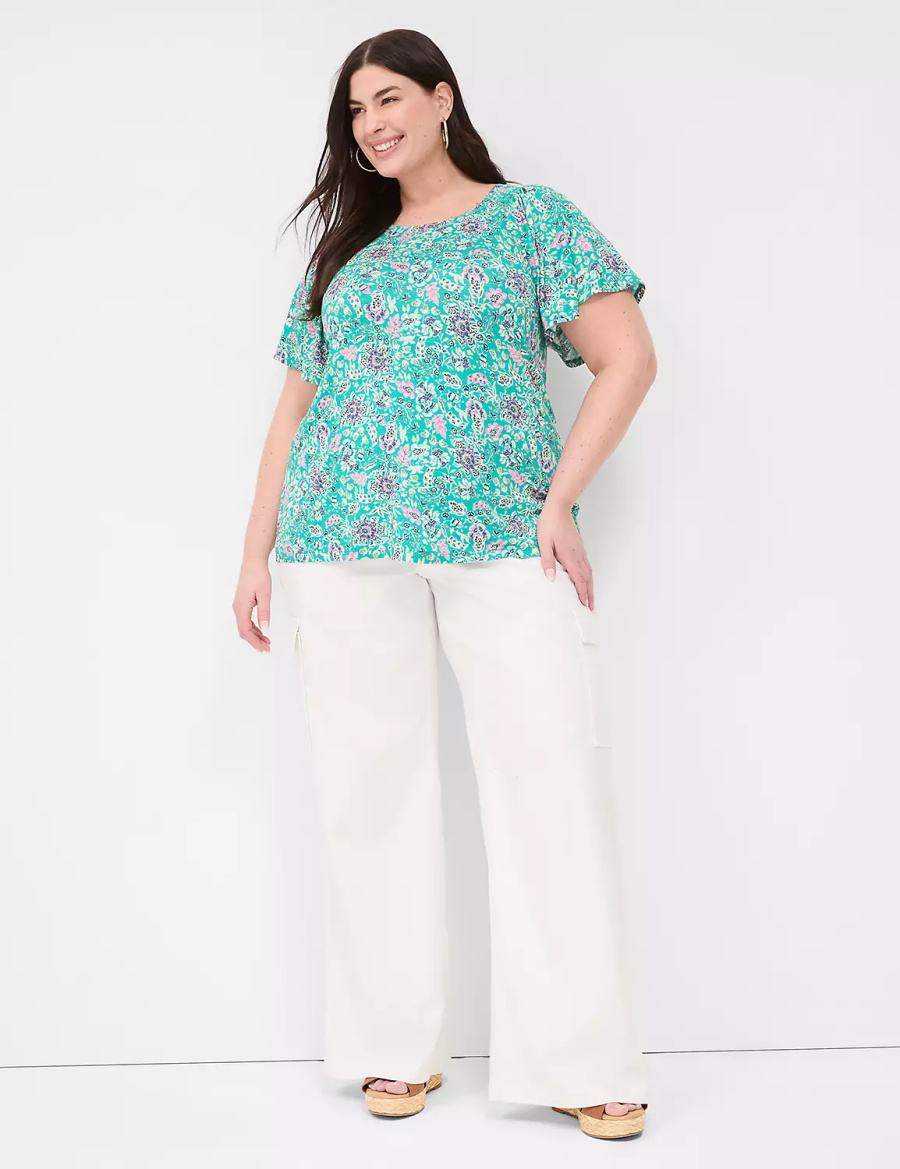 Lane Bryant Flutter-Sleeve Smocked Top Women T Shirts Light Turquoise | SOR3958LO