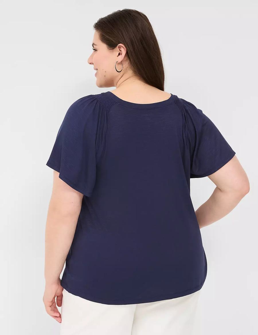 Lane Bryant Flutter-Sleeve Smocked Top Women T Shirts Blue | OPL5121WZ