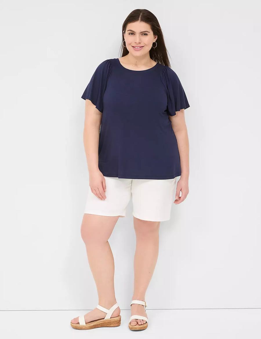 Lane Bryant Flutter-Sleeve Smocked Top Women T Shirts Blue | OPL5121WZ