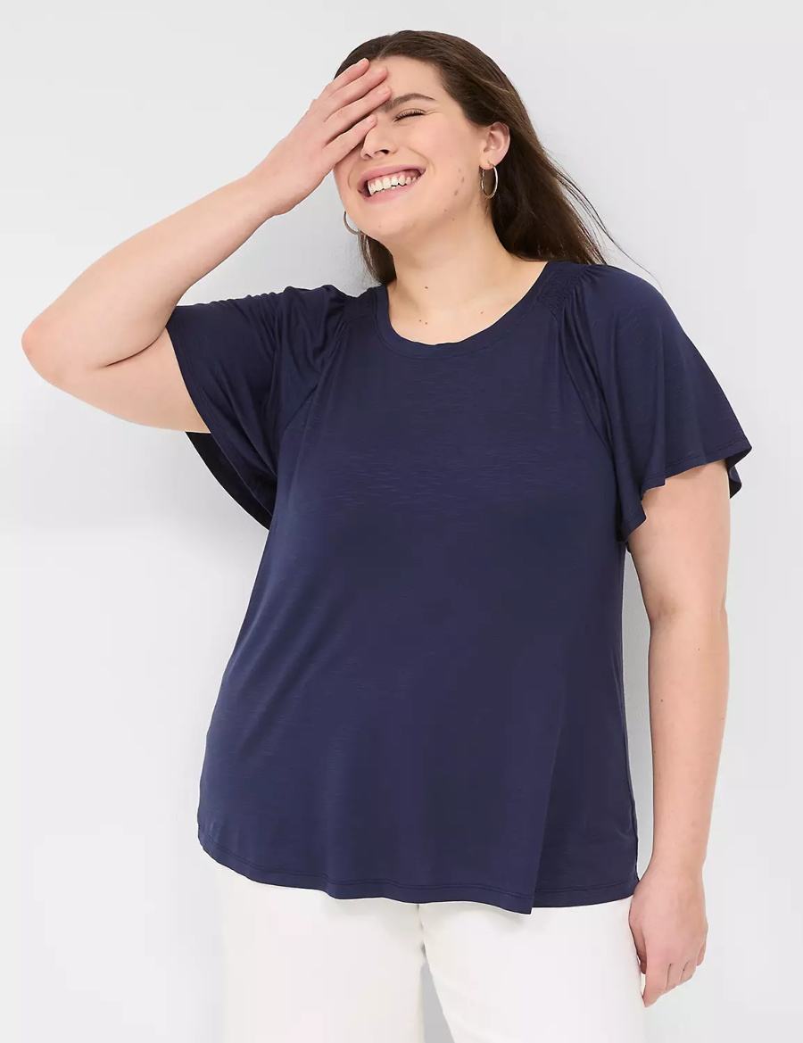 Lane Bryant Flutter-Sleeve Smocked Top Women T Shirts Blue | OPL5121WZ