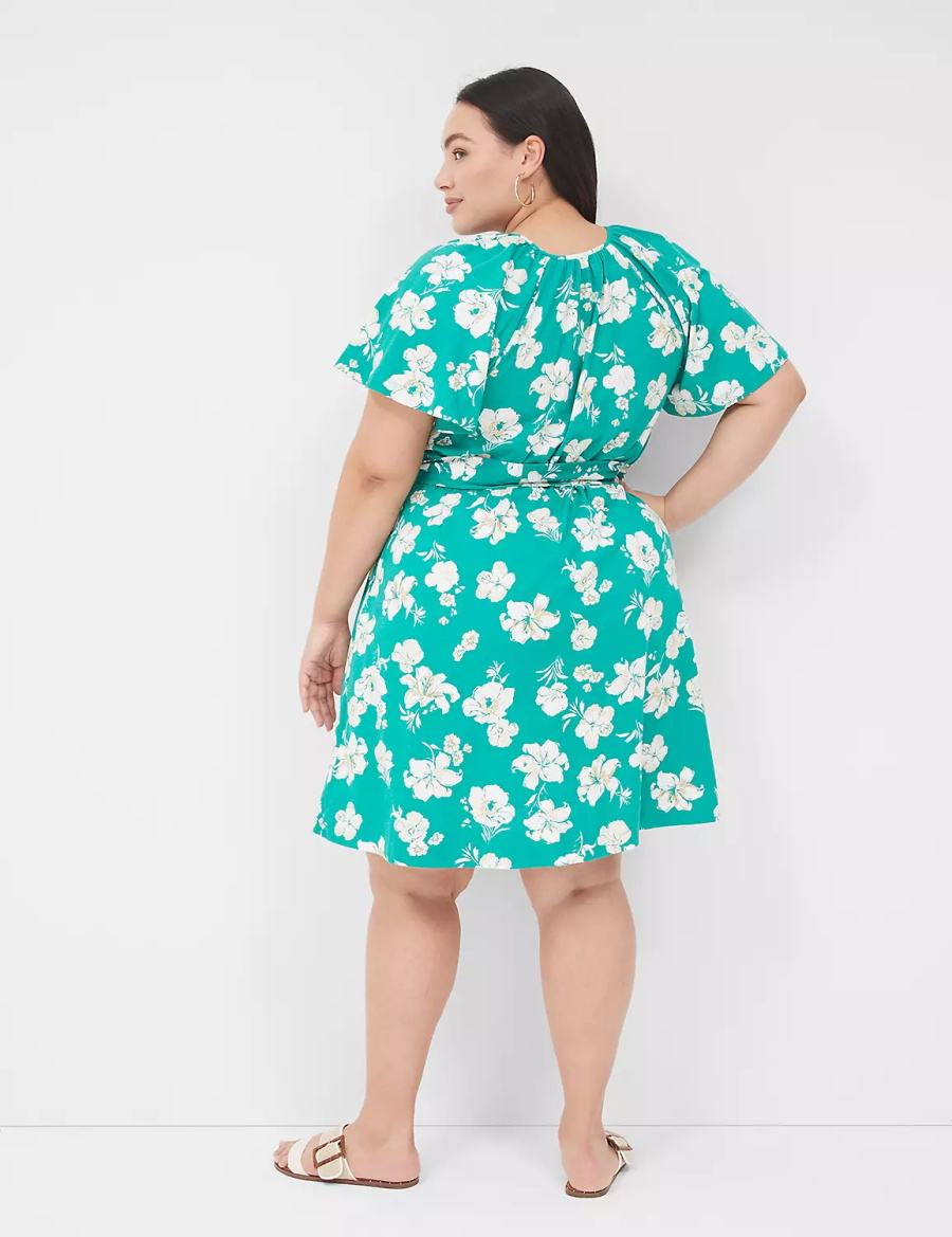 Lane Bryant Flutter-Sleeve Tie-Waist Women Casual Dress Turquoise | IVX2546YY