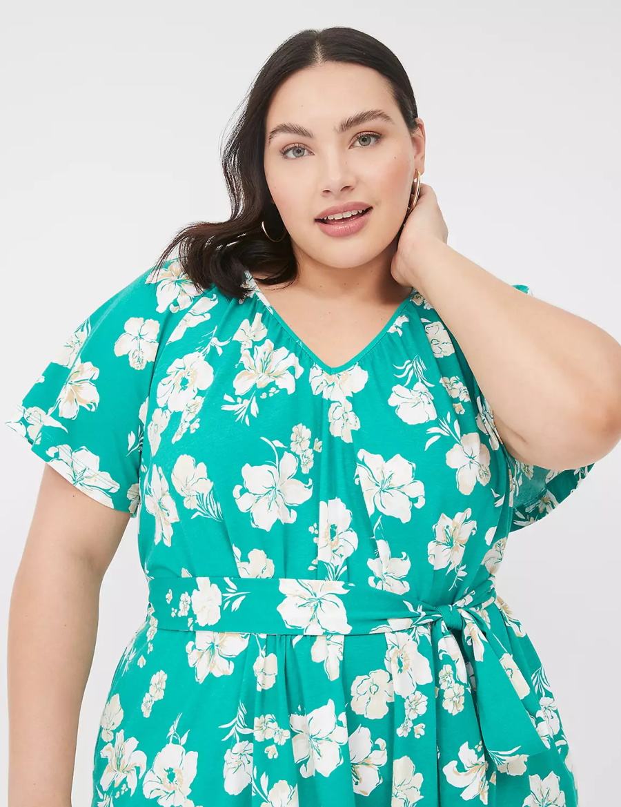 Lane Bryant Flutter-Sleeve Tie-Waist Women Casual Dress Turquoise | IVX2546YY