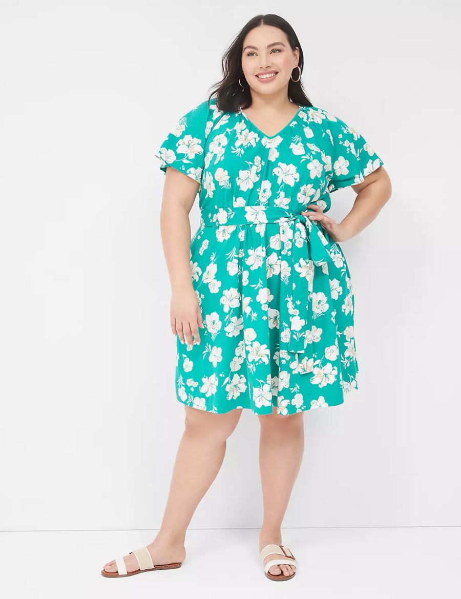 Lane Bryant Flutter-Sleeve Tie-Waist Women Casual Dress Turquoise | IVX2546YY