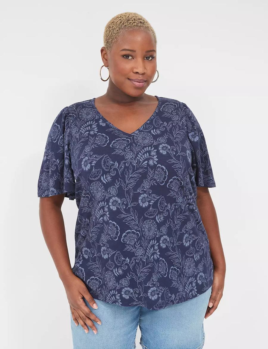 Lane Bryant Flutter-Sleeve V-Neck Top Women T Shirts Navy | TDJ3135VM