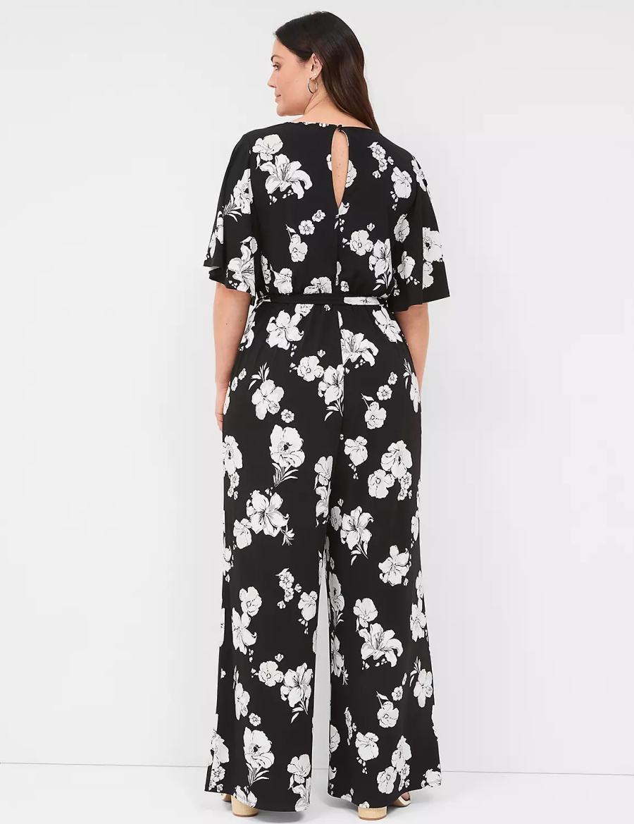 Lane Bryant Flutter-Sleeve Wide Leg Jersey Women Jumpsuit Black | IBK3433DK