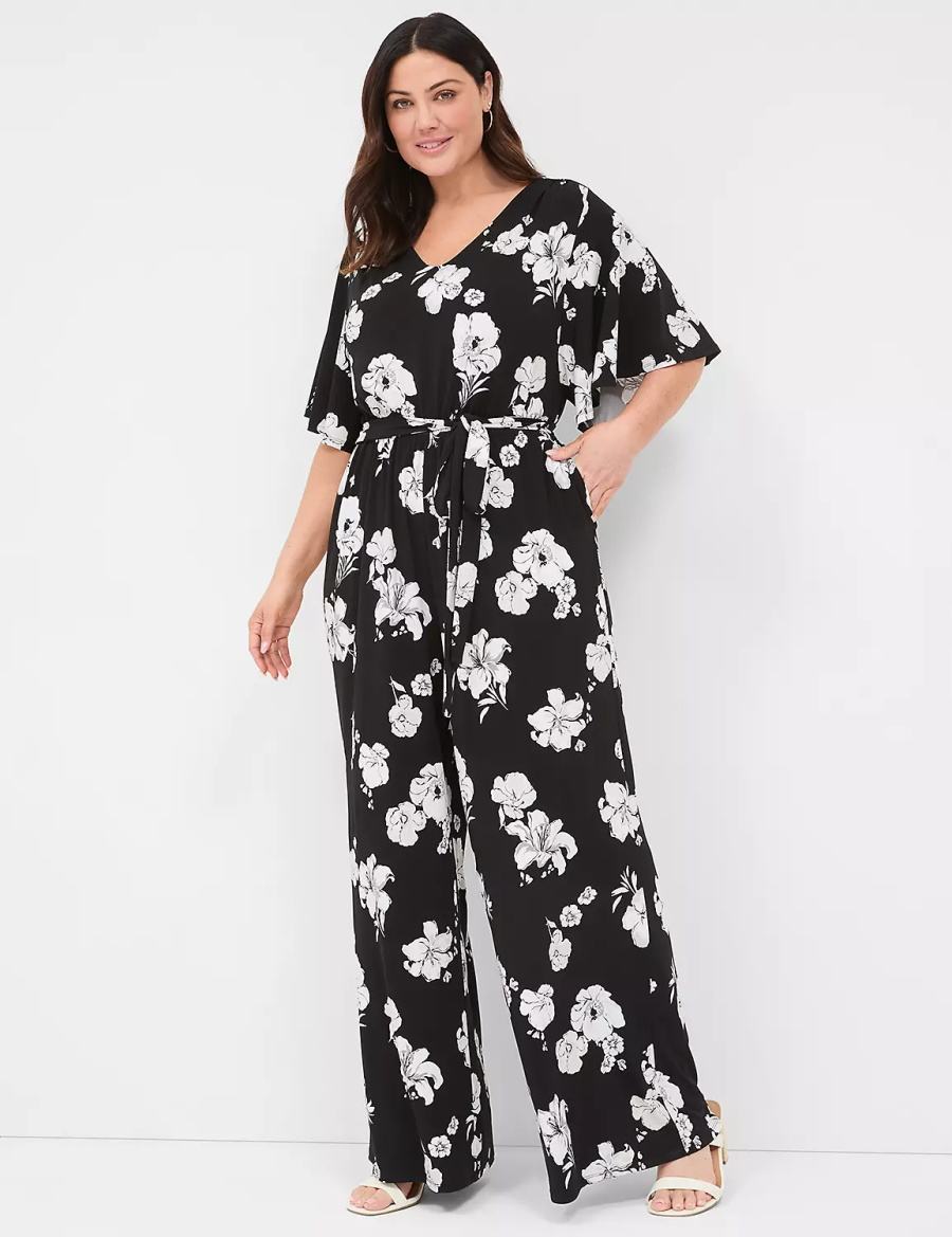 Lane Bryant Flutter-Sleeve Wide Leg Jersey Women Jumpsuit Black | IBK3433DK