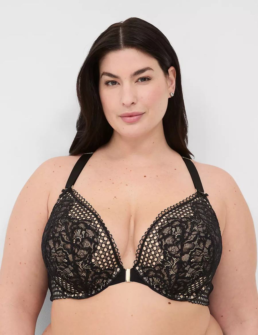 Lane Bryant Front-Close Boost Plunge Women Bralettes Black | OEW1555SG