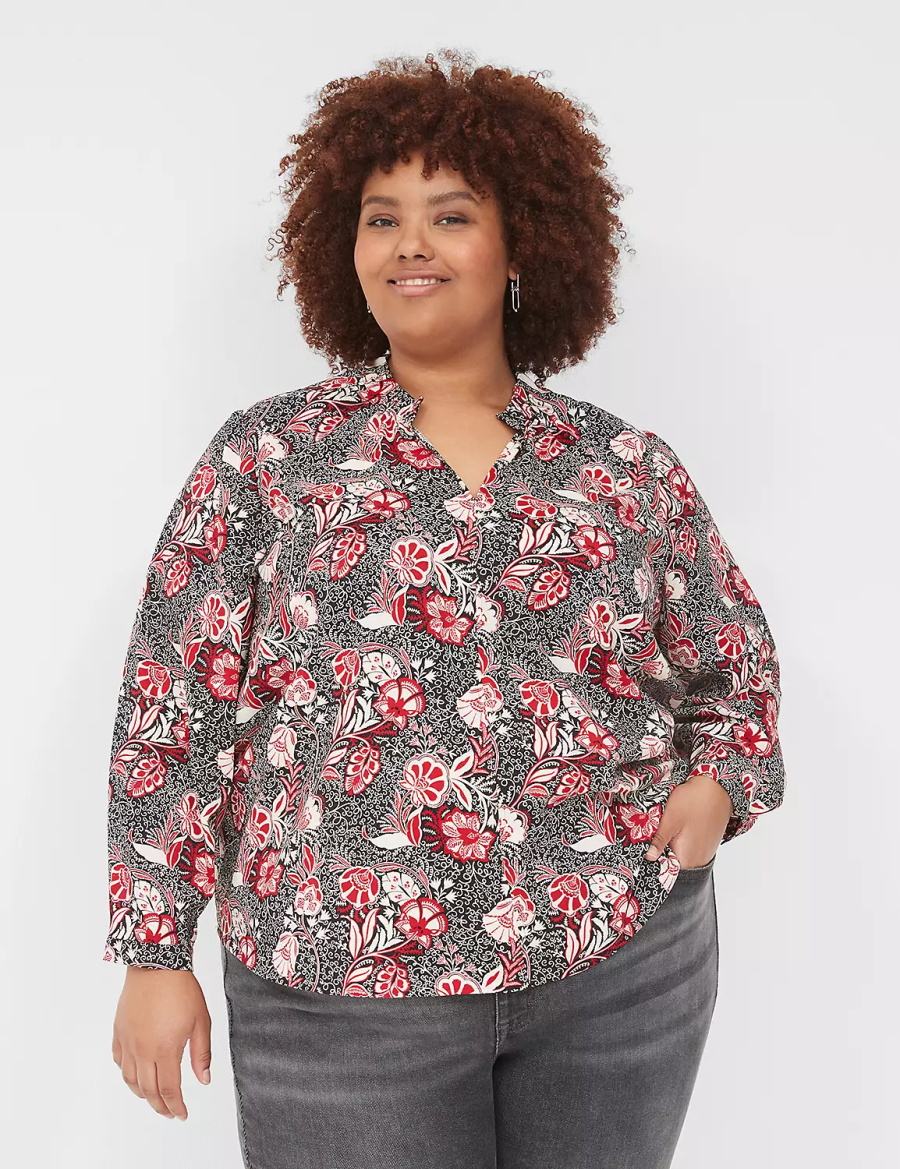 Lane Bryant Gathered Ruffle V-Neck Popover Women Shirts Red Black | CKK8417GE