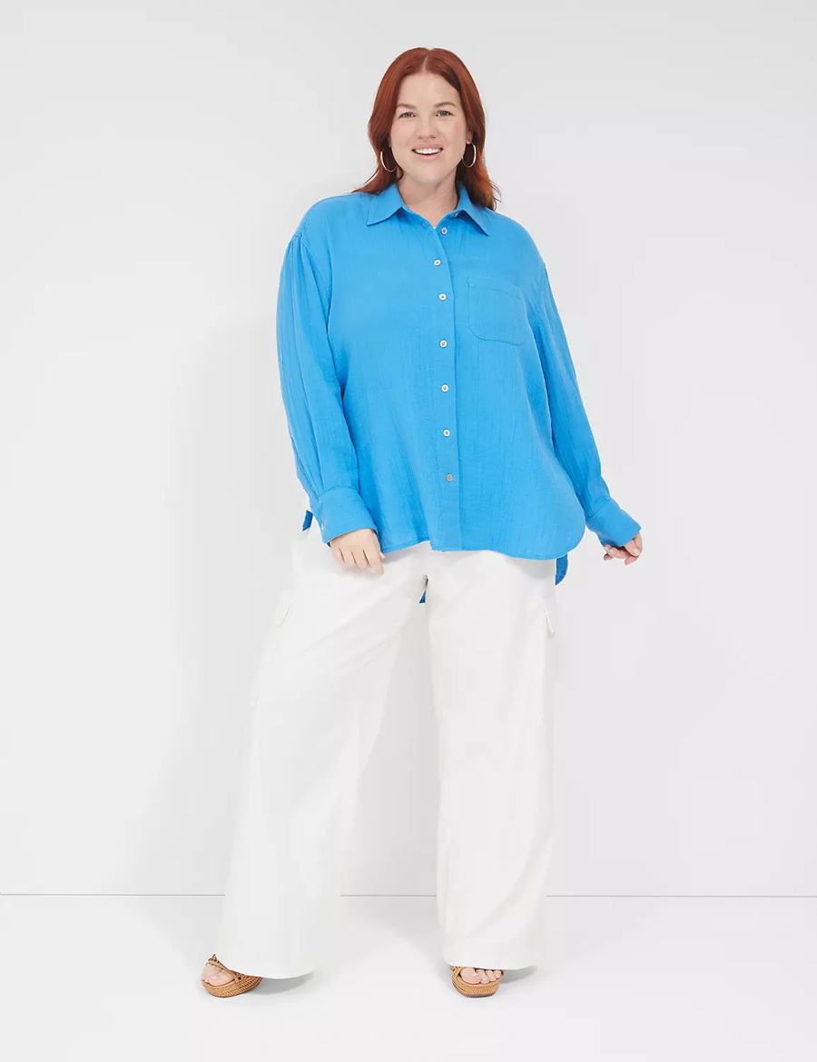 Lane Bryant Gauze Button-Down Beach Top Women Shirts Blue | QMA8370AW