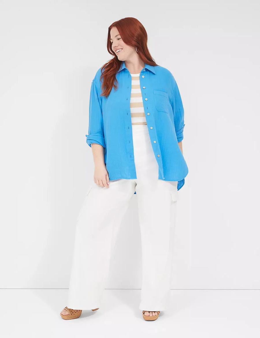 Lane Bryant Gauze Button-Down Beach Top Women Shirts Blue | QMA8370AW