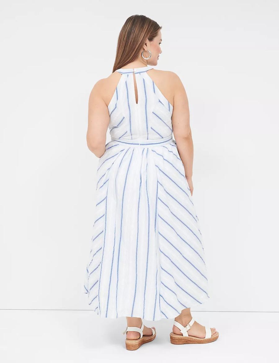 Lane Bryant Halter-Neck Women Maxi Dress White Blue | GFK8433YF