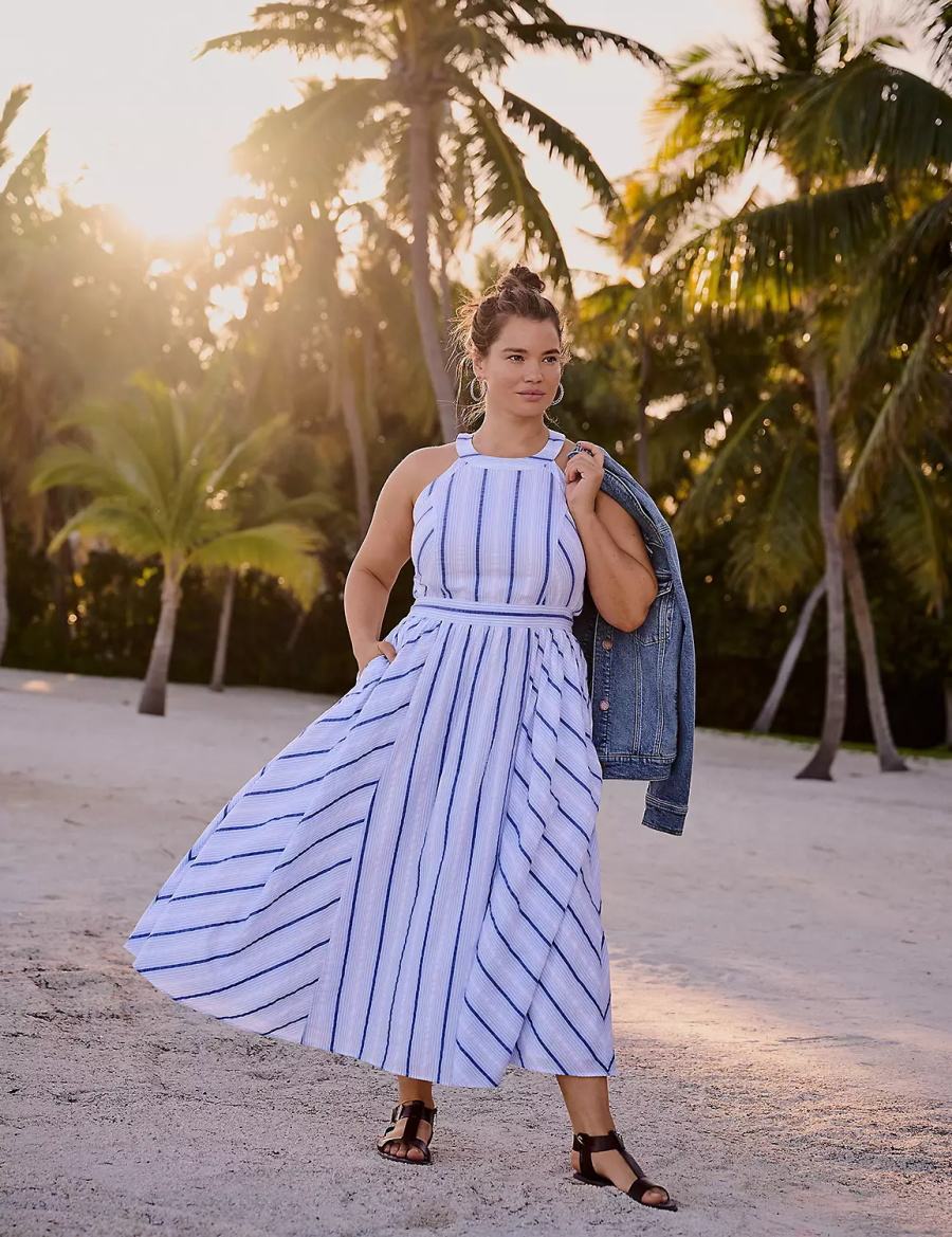 Lane Bryant Halter-Neck Women Maxi Dress White Blue | GFK8433YF