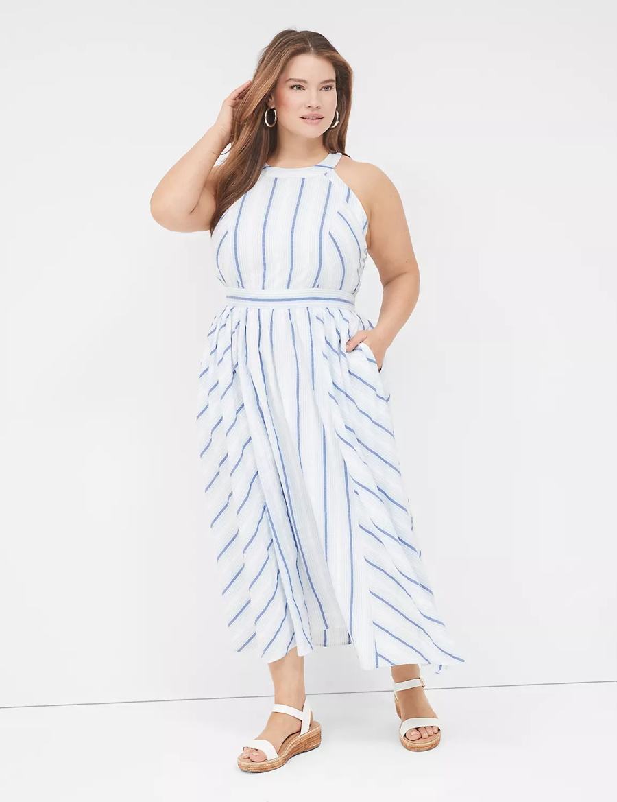 Lane Bryant Halter-Neck Women Maxi Dress White Blue | GFK8433YF