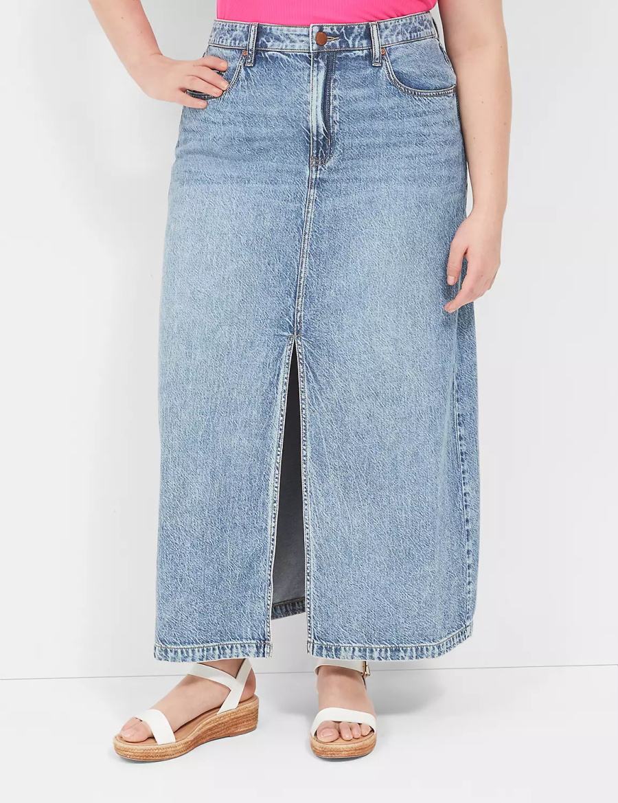 Lane Bryant High-Rise Front-Slit Denim Maxi Women Skirts Light Blue | PYW2897KO