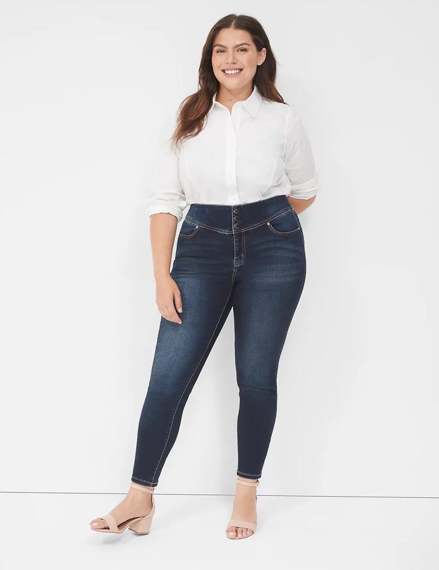 Lane Bryant High-Rise Sateen 3-Button Women Jeggings Dark Blue | KVL8064HG