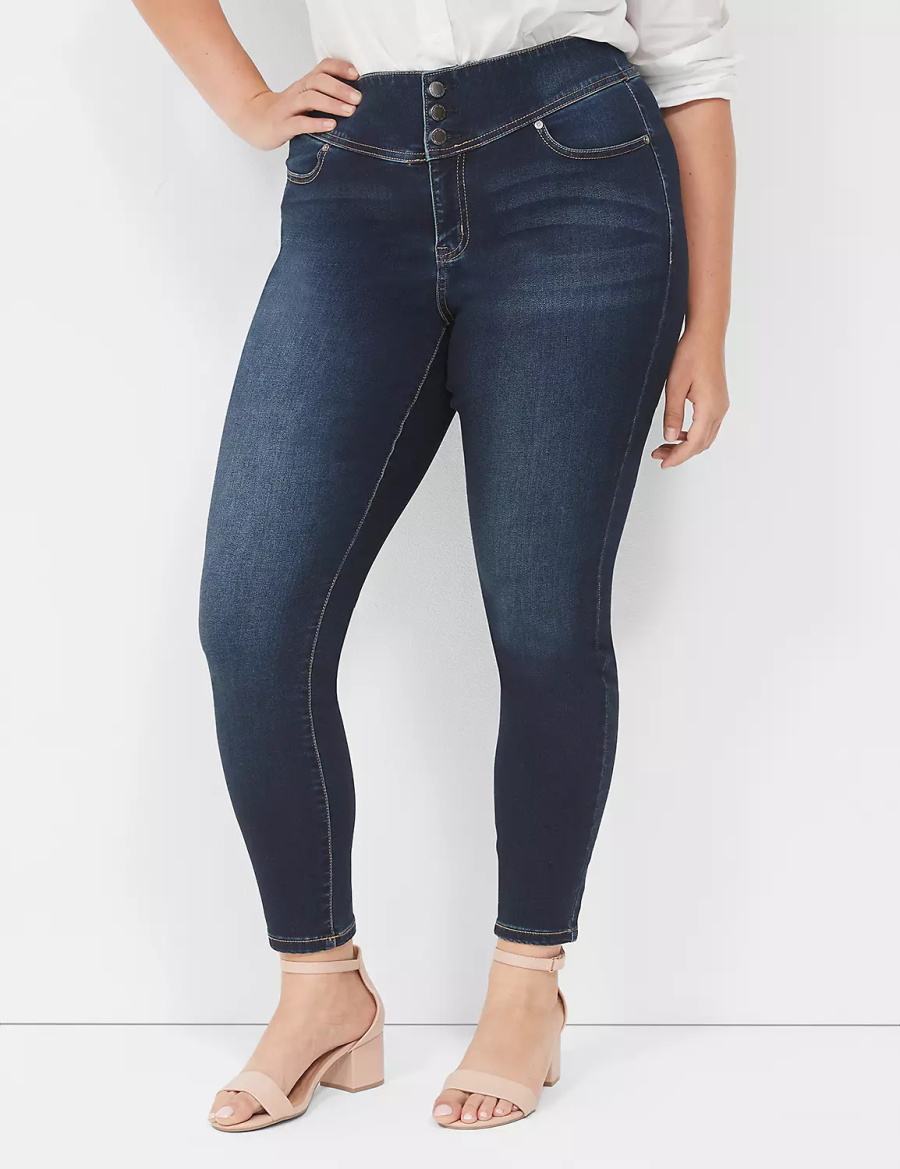 Lane Bryant High-Rise Sateen 3-Button Women Jeggings Dark Blue | KVL8064HG