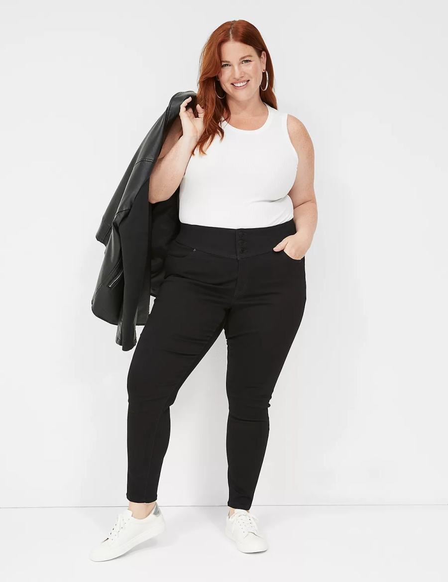 Lane Bryant High-Rise Sateen 3-Button Women Jeggings Black | BAN6416LD