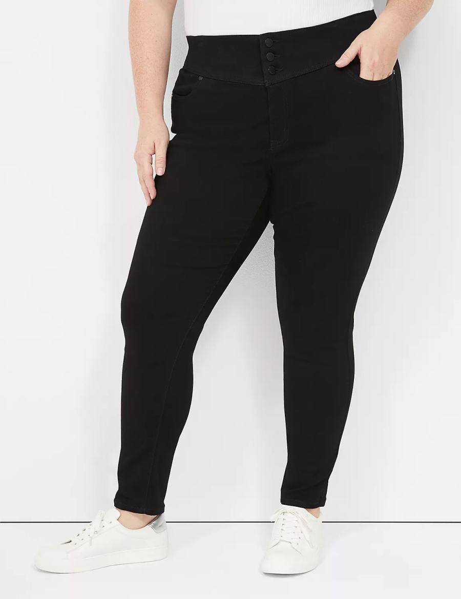 Lane Bryant High-Rise Sateen 3-Button Women Jeggings Black | BAN6416LD