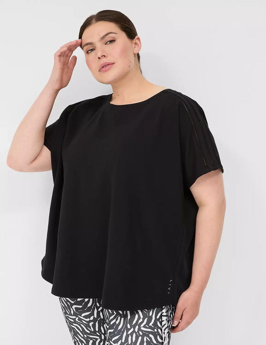 Lane Bryant LIVI Crochet-Detail French Terry Top Women T Shirts Black | PMS10051QQ