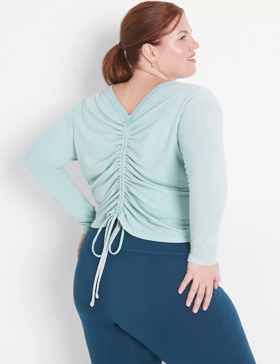 Lane Bryant LIVI Crop Boatneck Ruched-Detail Women Sweatshirts Light Green | ERT1881ZN